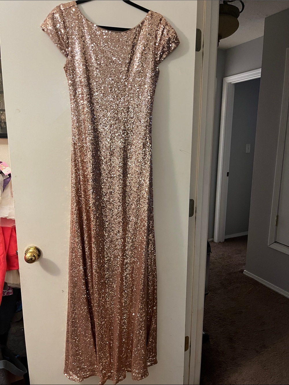 Revelry Rose Gold Sequin Cap-Sleeve Prom Dress